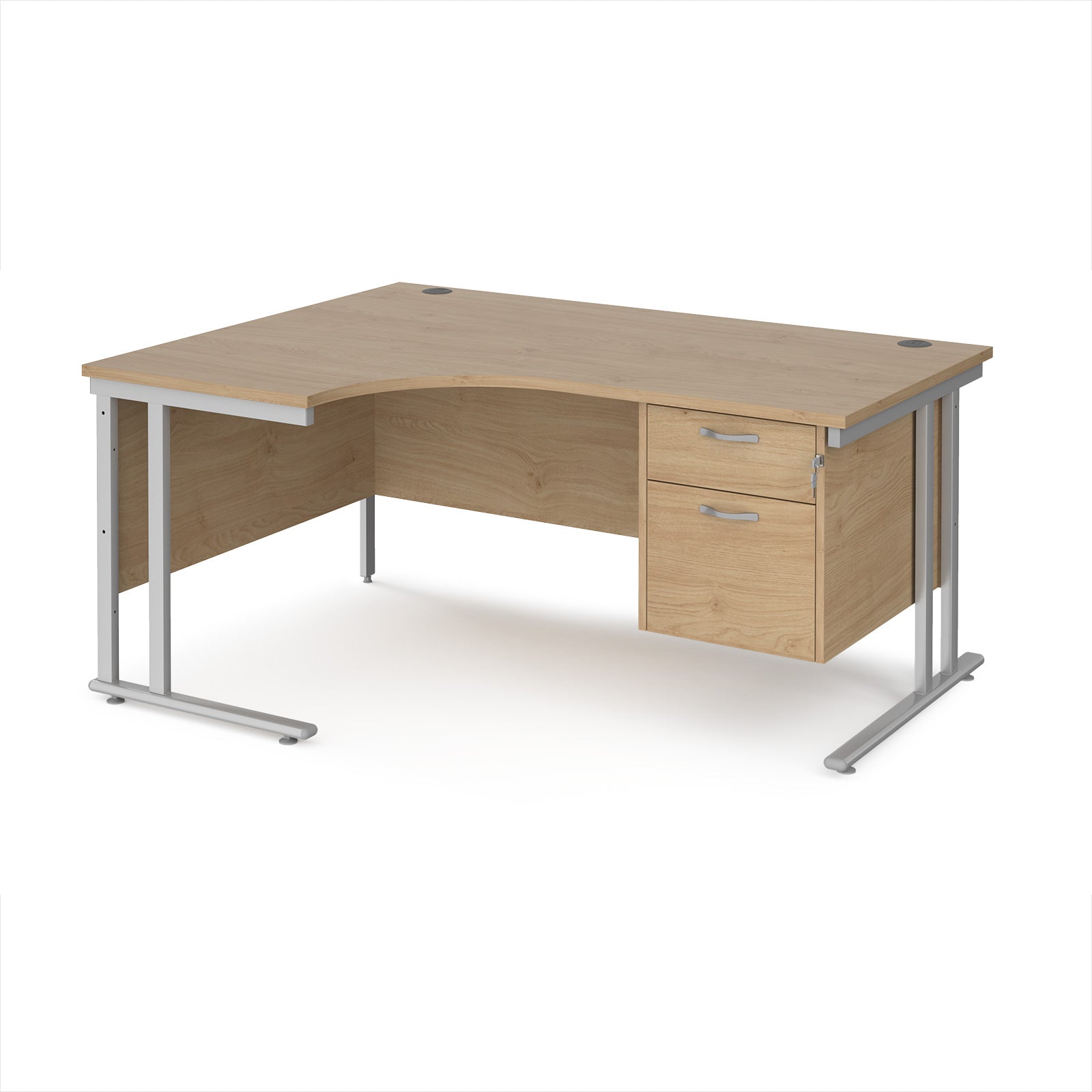 Ergonomic desk with wood-effect top and matching pedestal with silver frame on a white background
