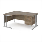 Ergonomic desk with wood-effect top and matching pedestal with silver frame on a white background