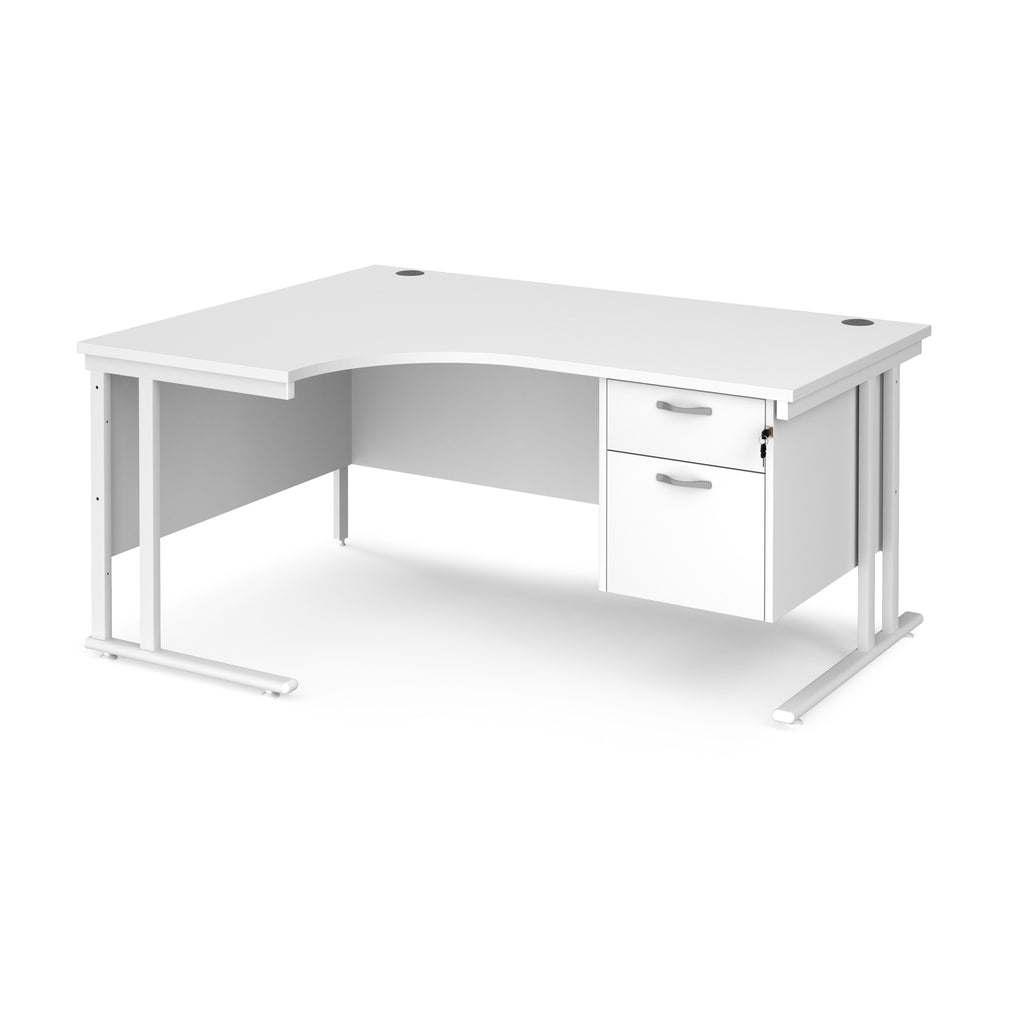 White ergonomic desk with pedestal and metal frame on a white background