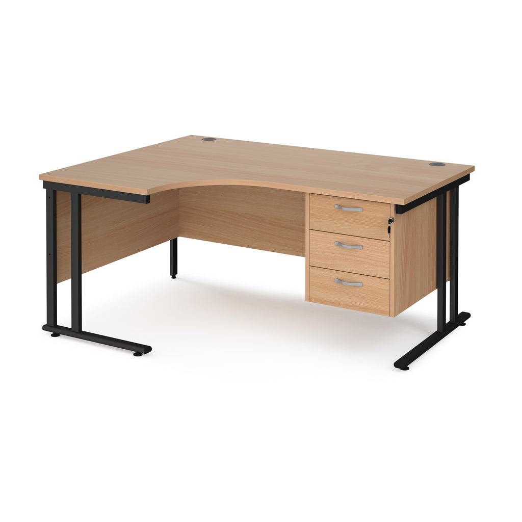 Ergonomic desk with wood-effect top and matching pedestal with black frame on a white background