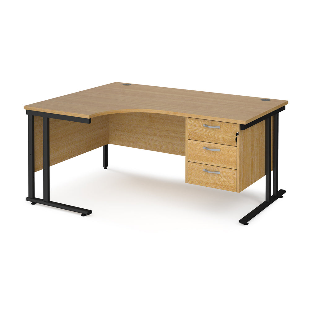 Ergonomic desk with wood-effect top and matching pedestal with black frame on a white background