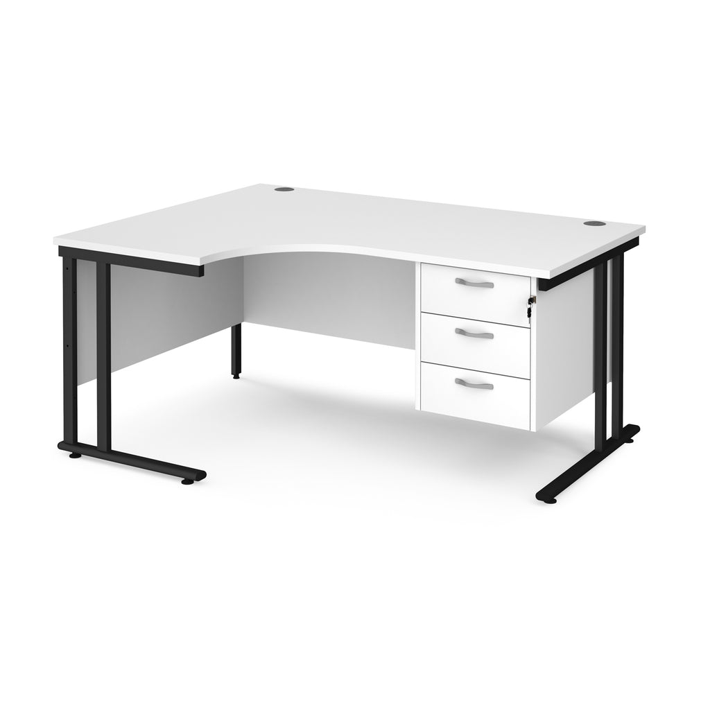 Ergonomic desk with white top and matching pedestal with black frame on a white background