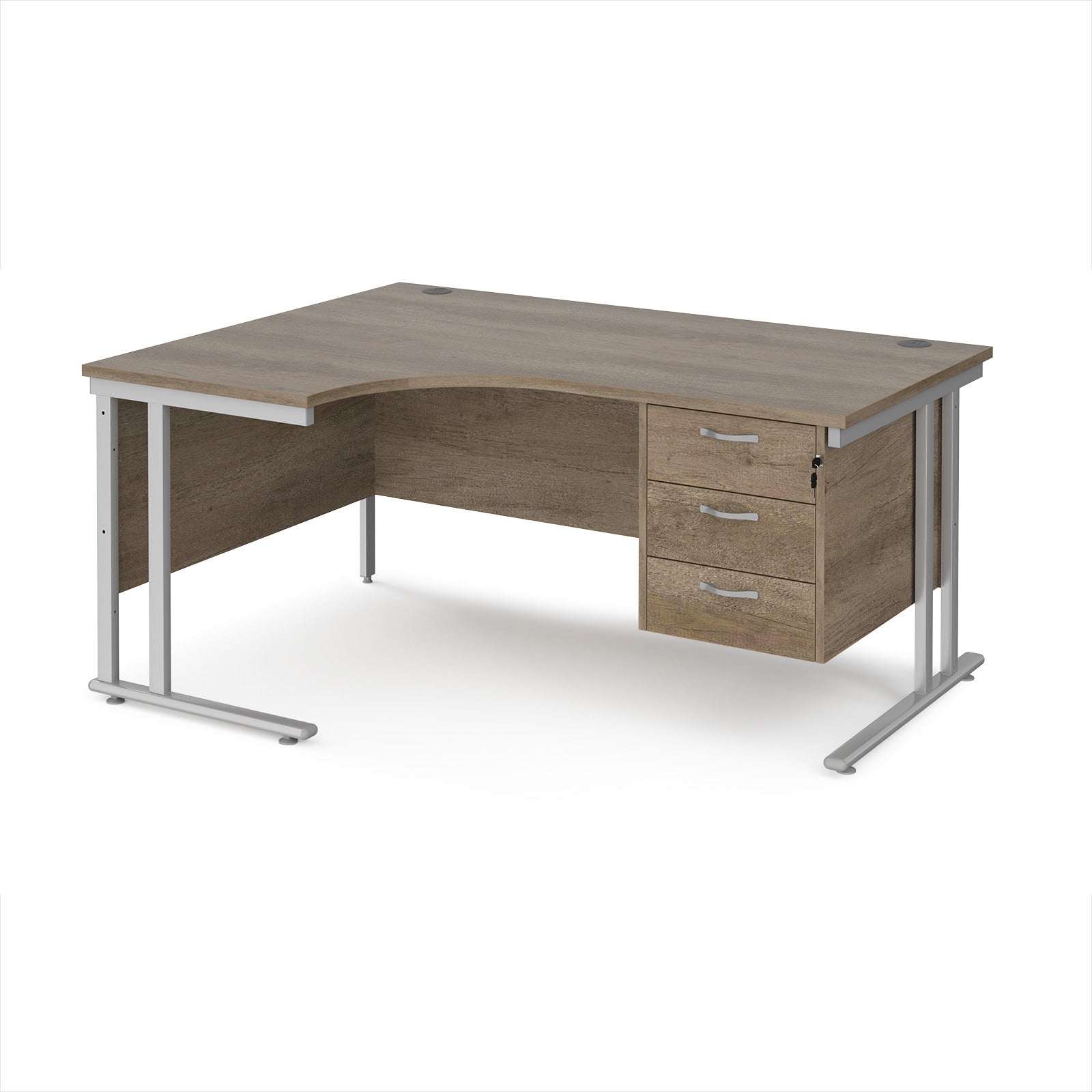 Ergonomic desk with wood-effect top and matching pedestal with silver frame on a white background