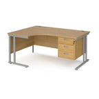 Ergonomic desk with wood-effect top and matching pedestal with silver frame on a white background