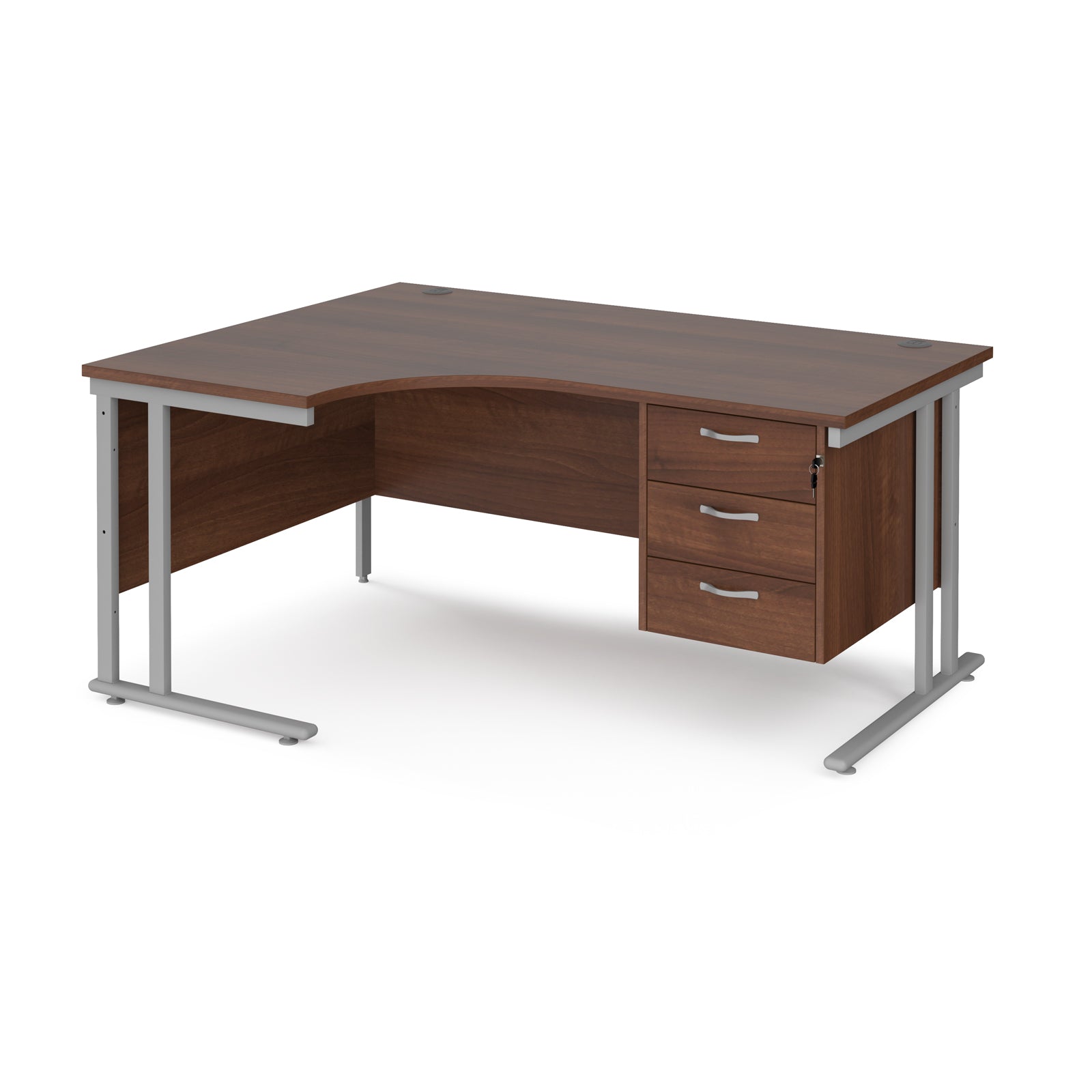 Ergonomic desk with wood-effect top and matching pedestal with silver frame on a white background
