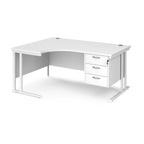 White ergonomic desk with pedestal and metal frame on a white background