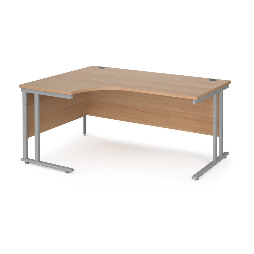 Wooden corner desk with metal legs on a white background