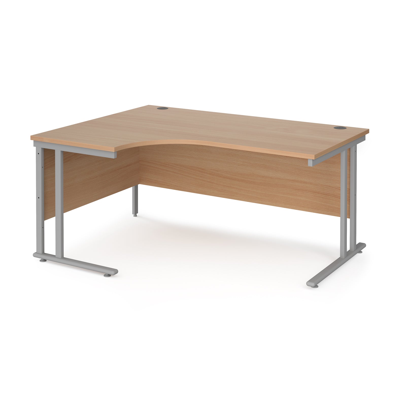 Wooden corner desk with metal legs on a white background