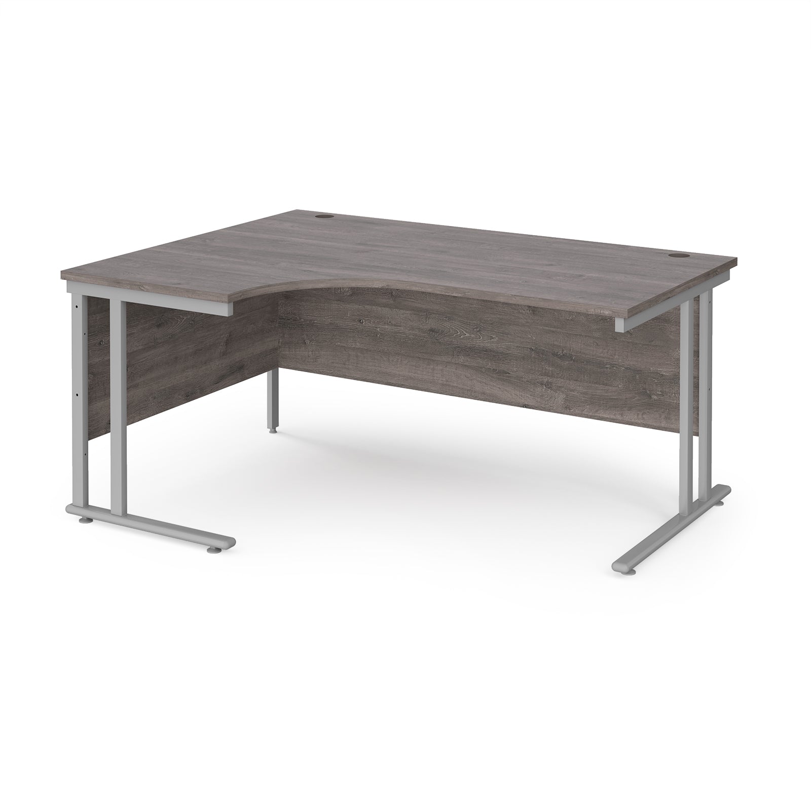 Corner office desk with wooden top and silver metal legs on a white background