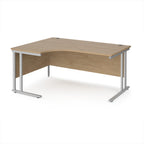Wooden corner desk with metal legs on a white background