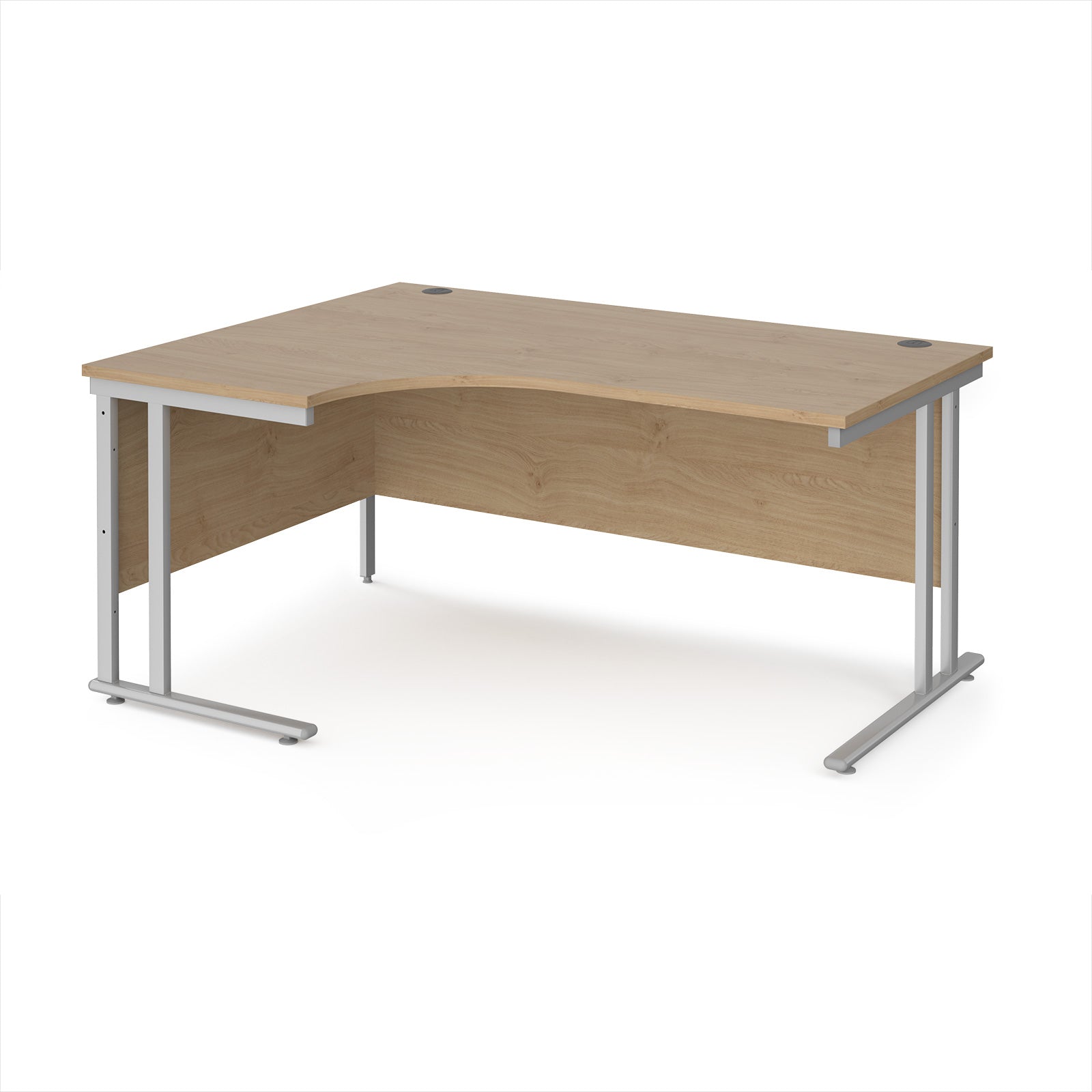 Wooden corner desk with metal legs on a white background