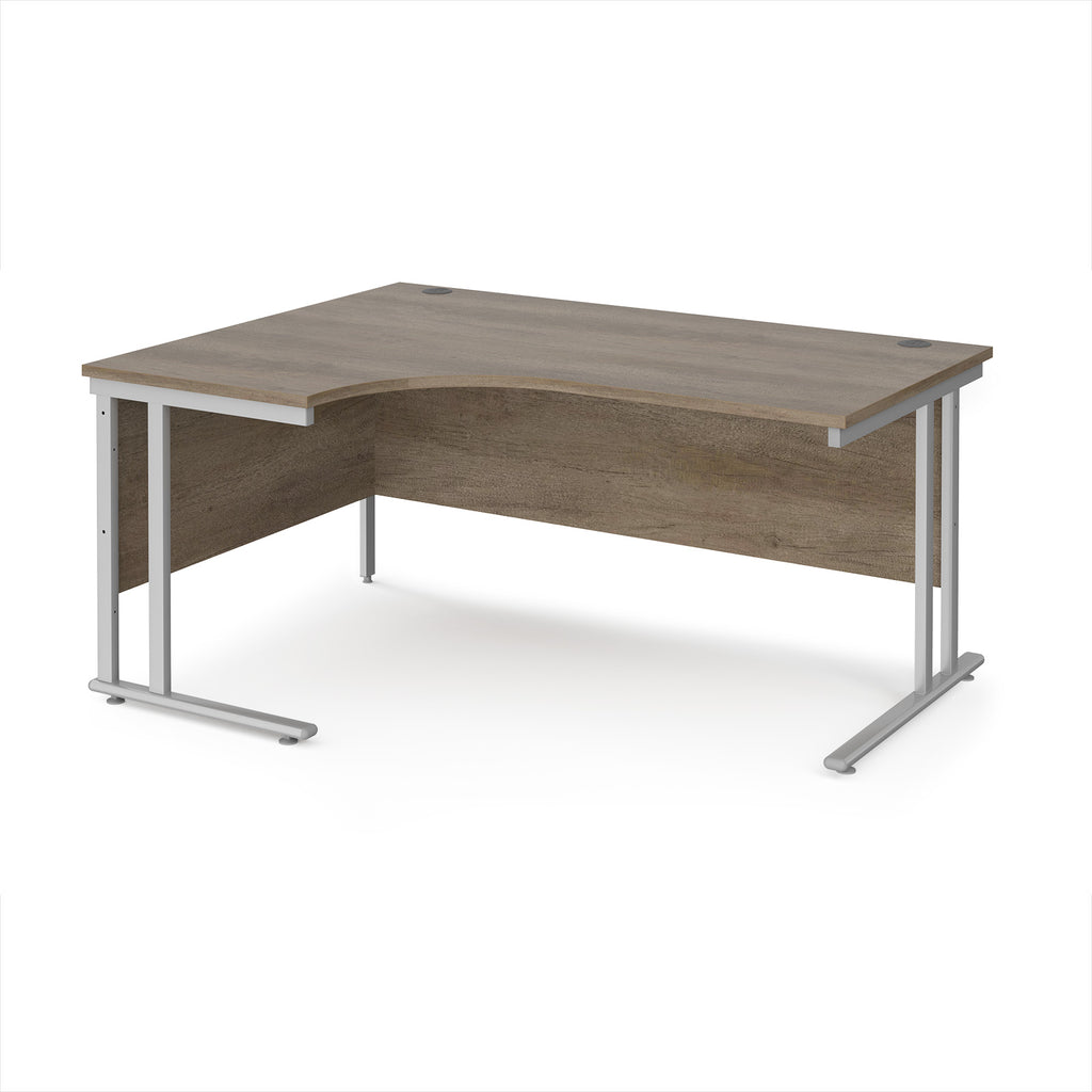 Corner office desk with wooden top and metal legs on a white background