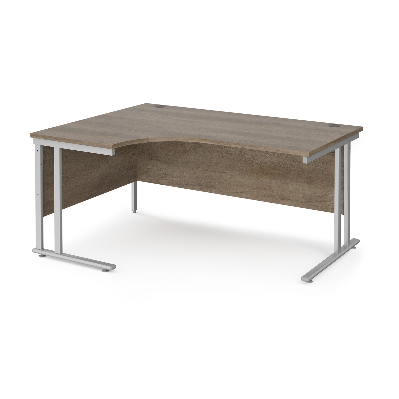 Corner office desk with wooden top and metal legs on a white background
