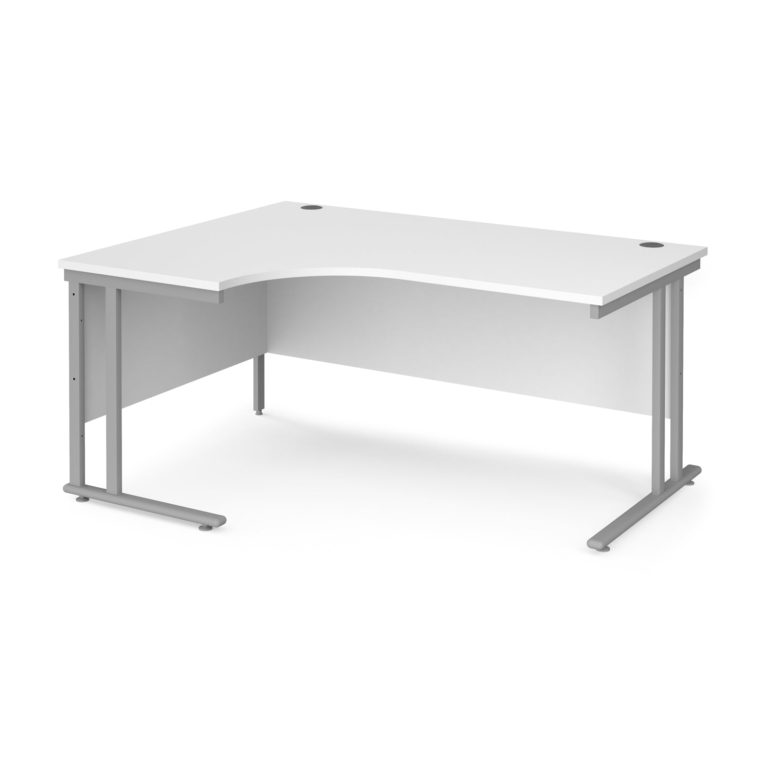 White corner desk with silver metal legs on a white background