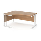 Wooden corner desk with white metal legs on a white background
