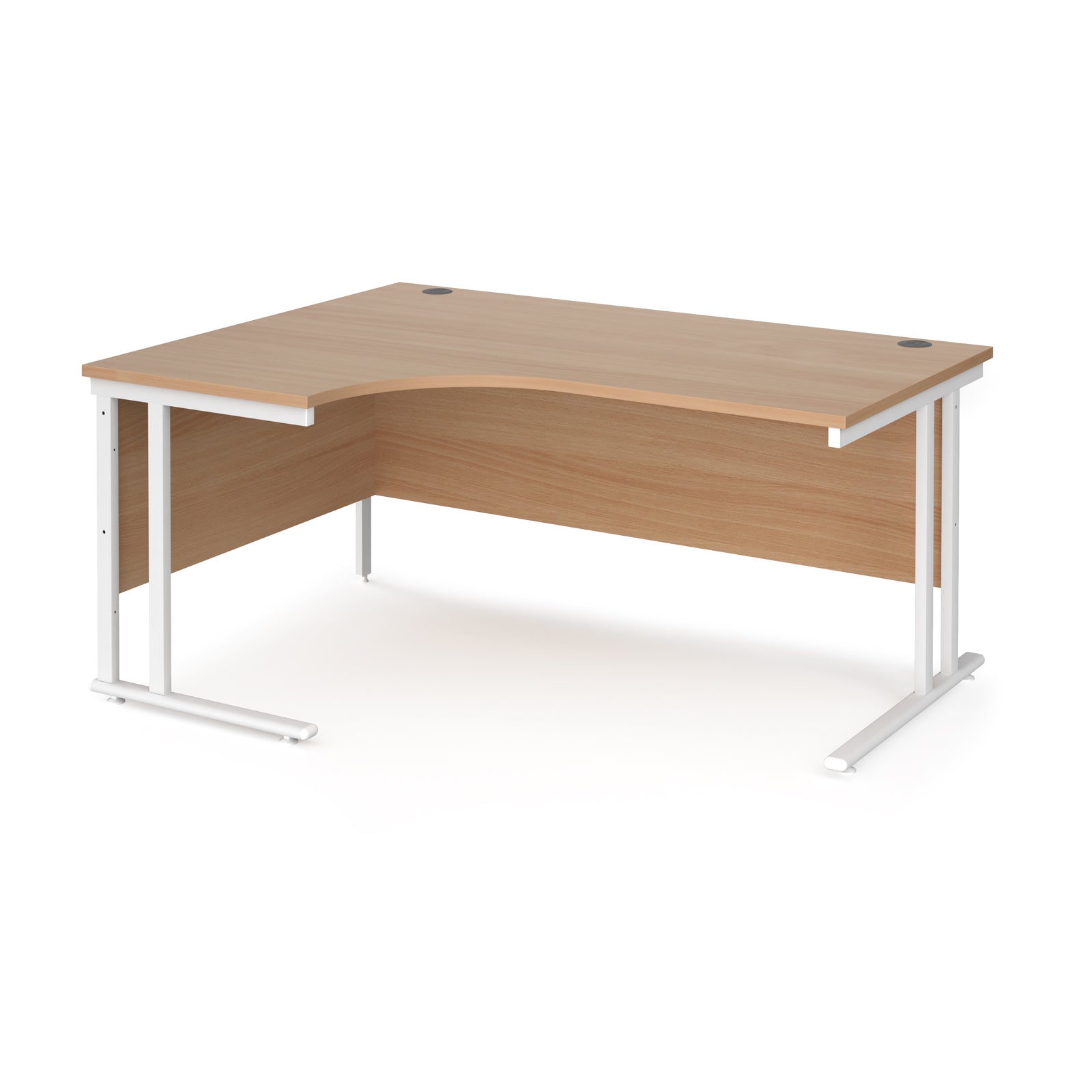 Wooden corner desk with white metal legs on a white background