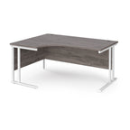 Corner office desk with dark wood finish and white metal legs on a white background