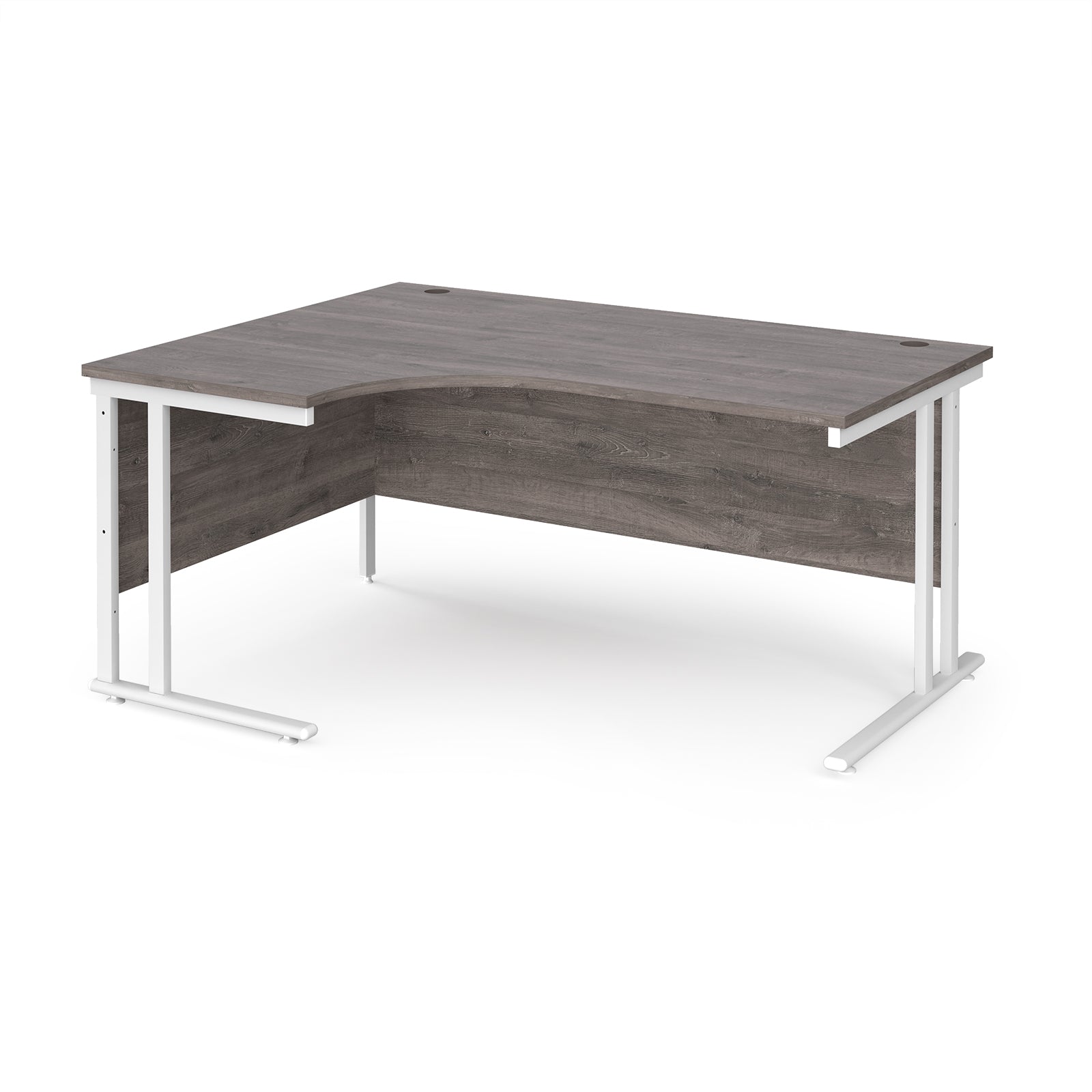 Corner office desk with dark wood finish and white metal legs on a white background