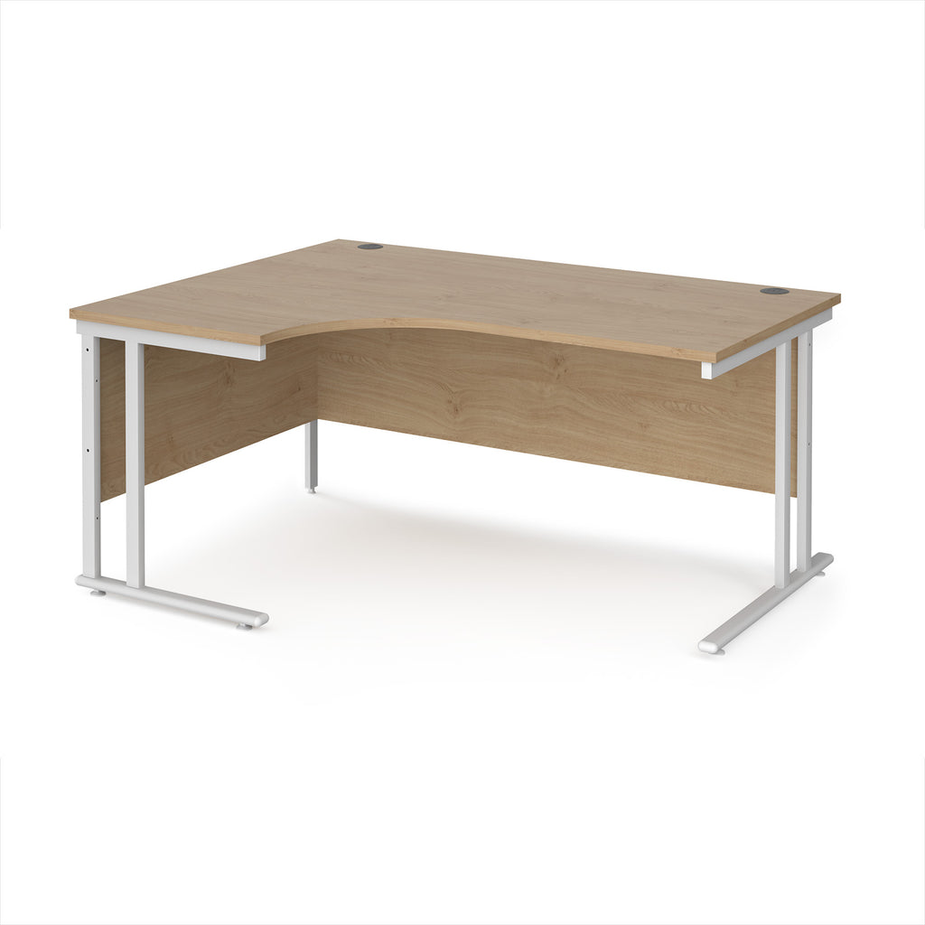 Wooden corner desk with white metal legs on a white background