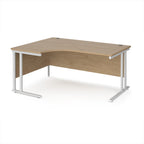Wooden corner desk with white metal legs on a white background