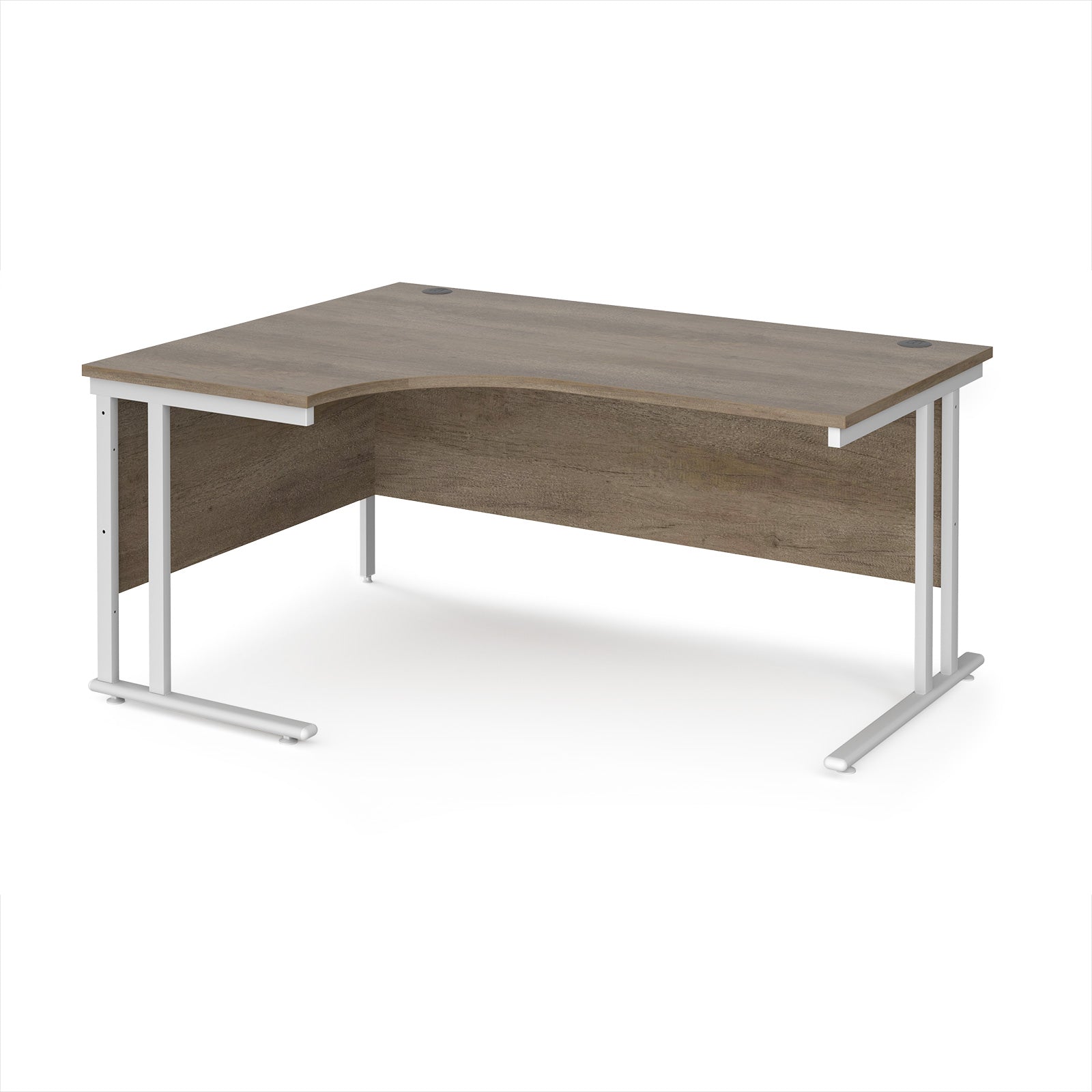 Corner office desk with wooden top and white metal legs on a white background