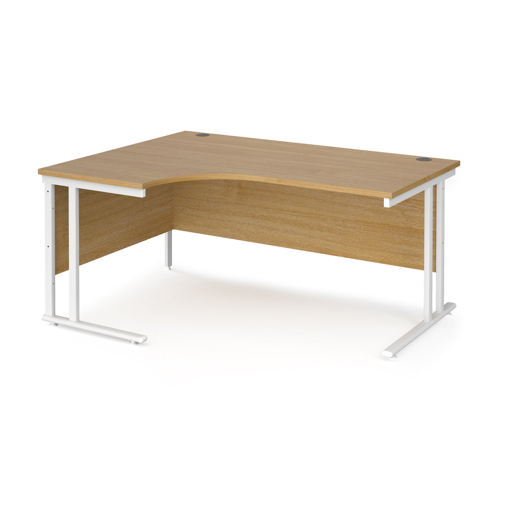 Wooden corner desk with white metal legs on a white background