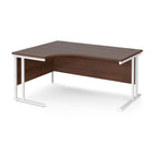 Corner office desk with dark wood top and white metal legs on a white background