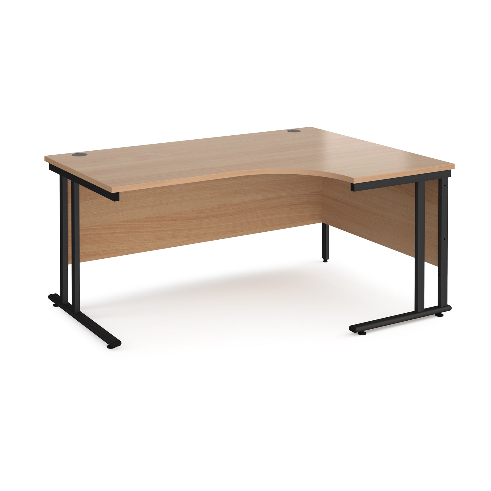 Corner office desk with wooden surface and black metal legs on a white background