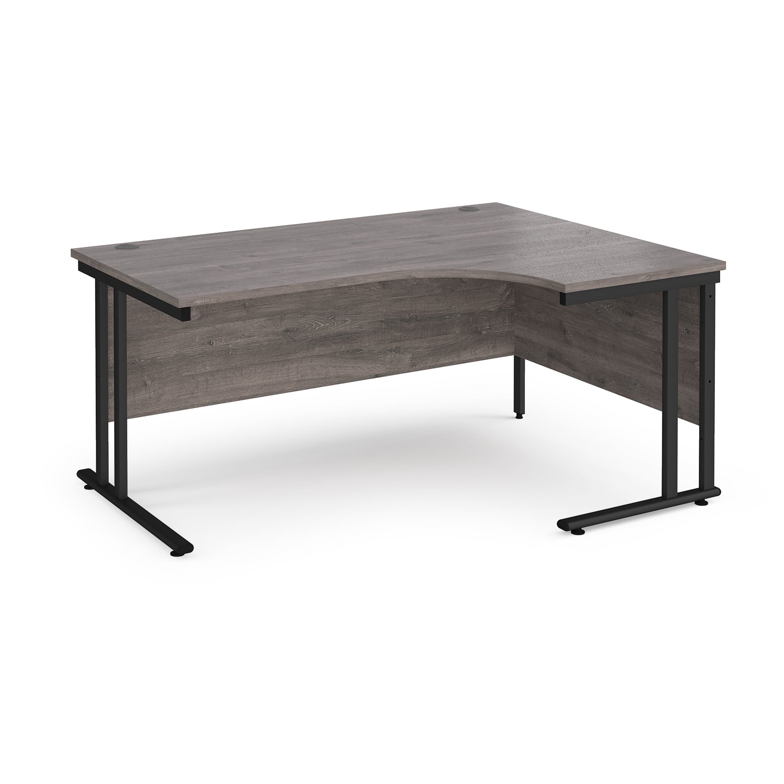 Corner office desk with wooden top and black metal legs on a white background