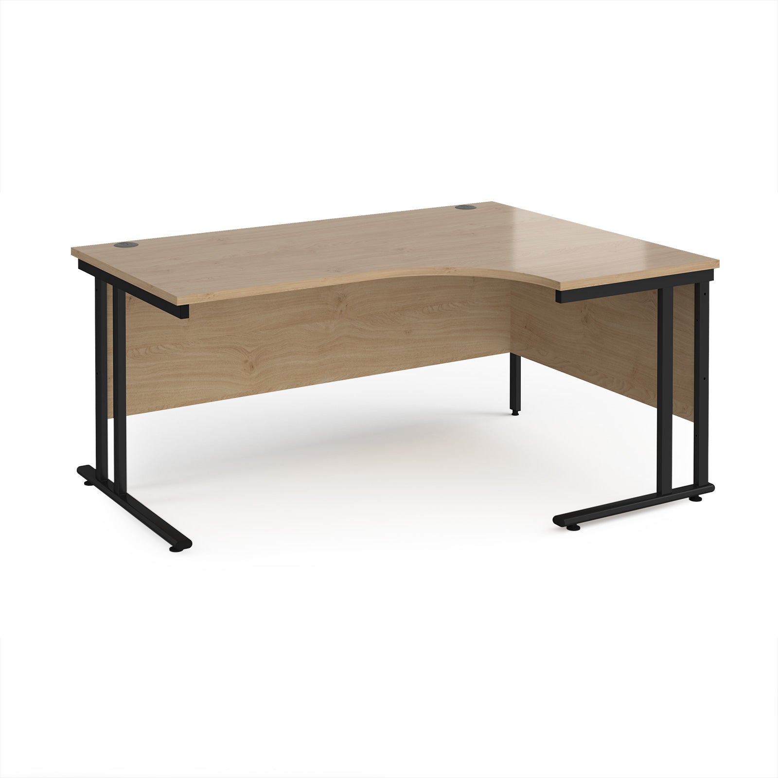 Corner office desk with wooden top and black metal legs on a white background