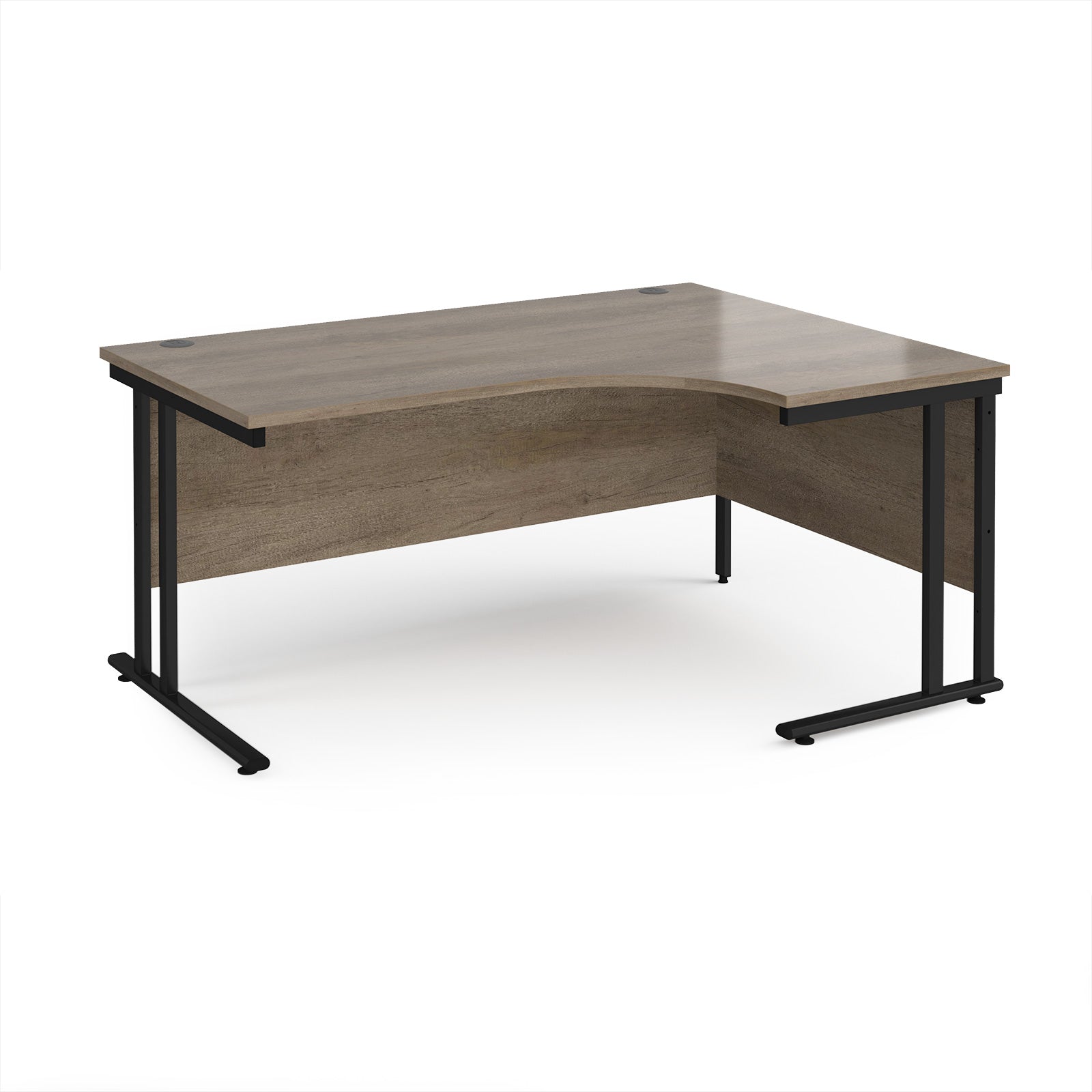Corner office desk with wooden top and black metal legs on a white background