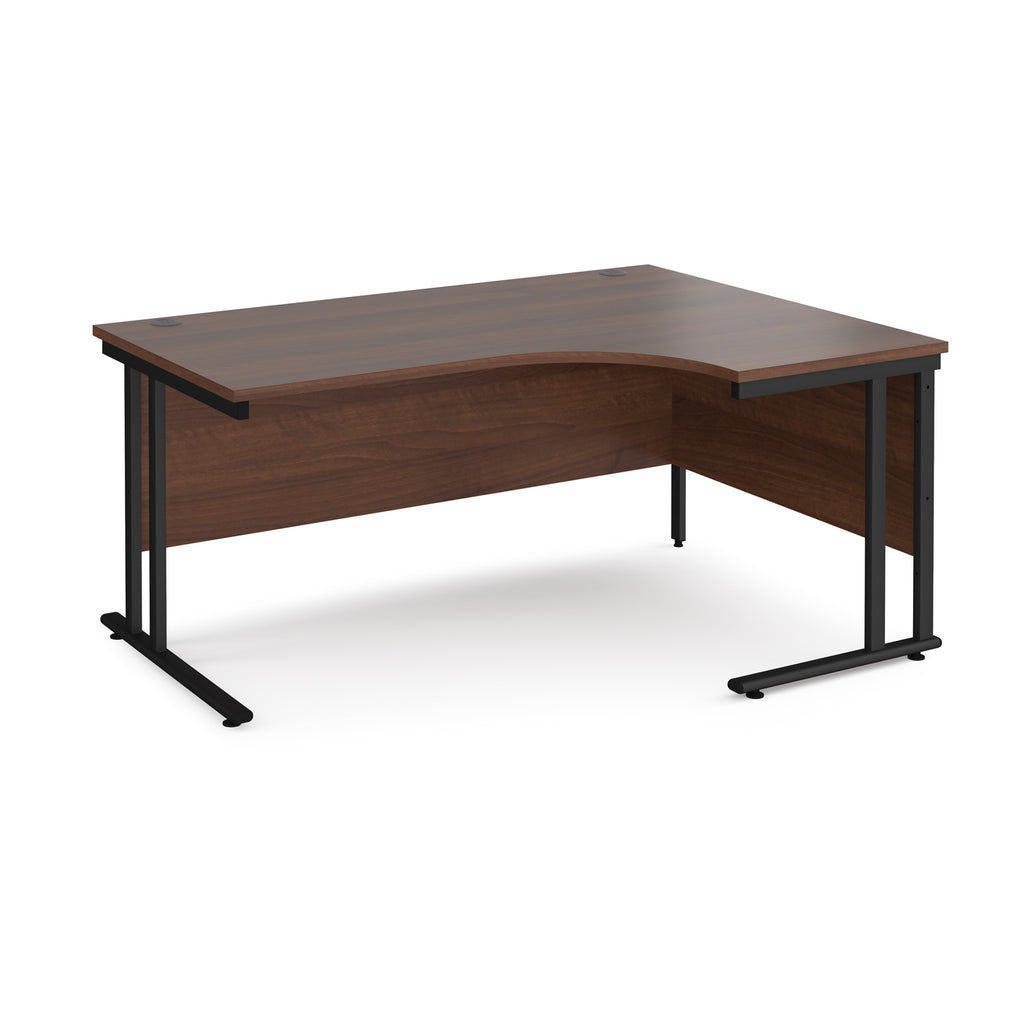 Corner office desk with wooden top and black metal legs on a white background