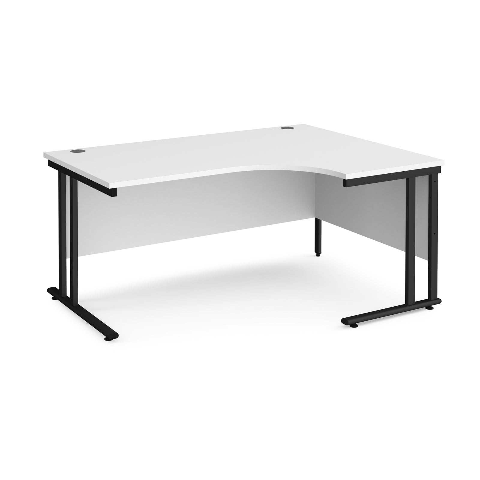 Corner office desk with wooden top and black metal legs on a white background