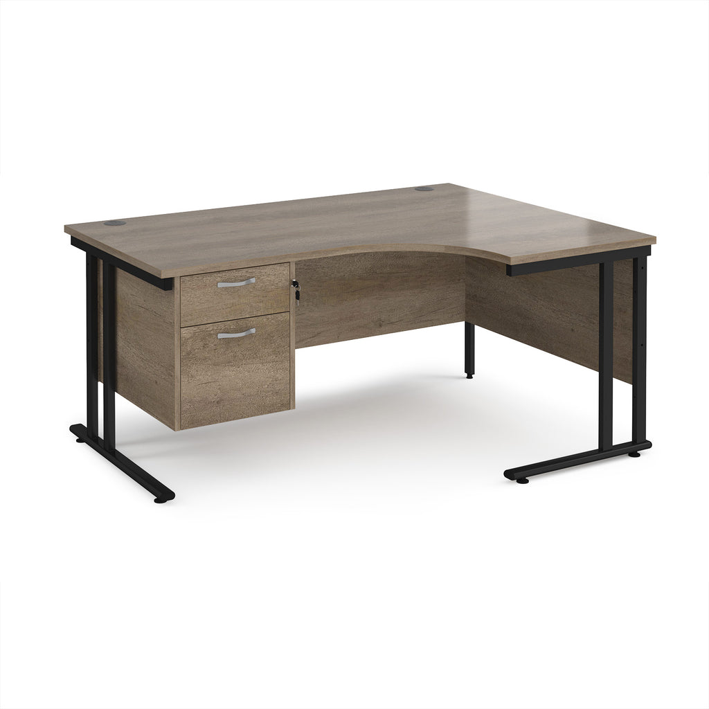 Ergonomic desk with wood-effect top and matching pedestal with black frame on a white background