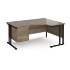 Ergonomic desk with wood-effect top and matching pedestal with black frame on a white background