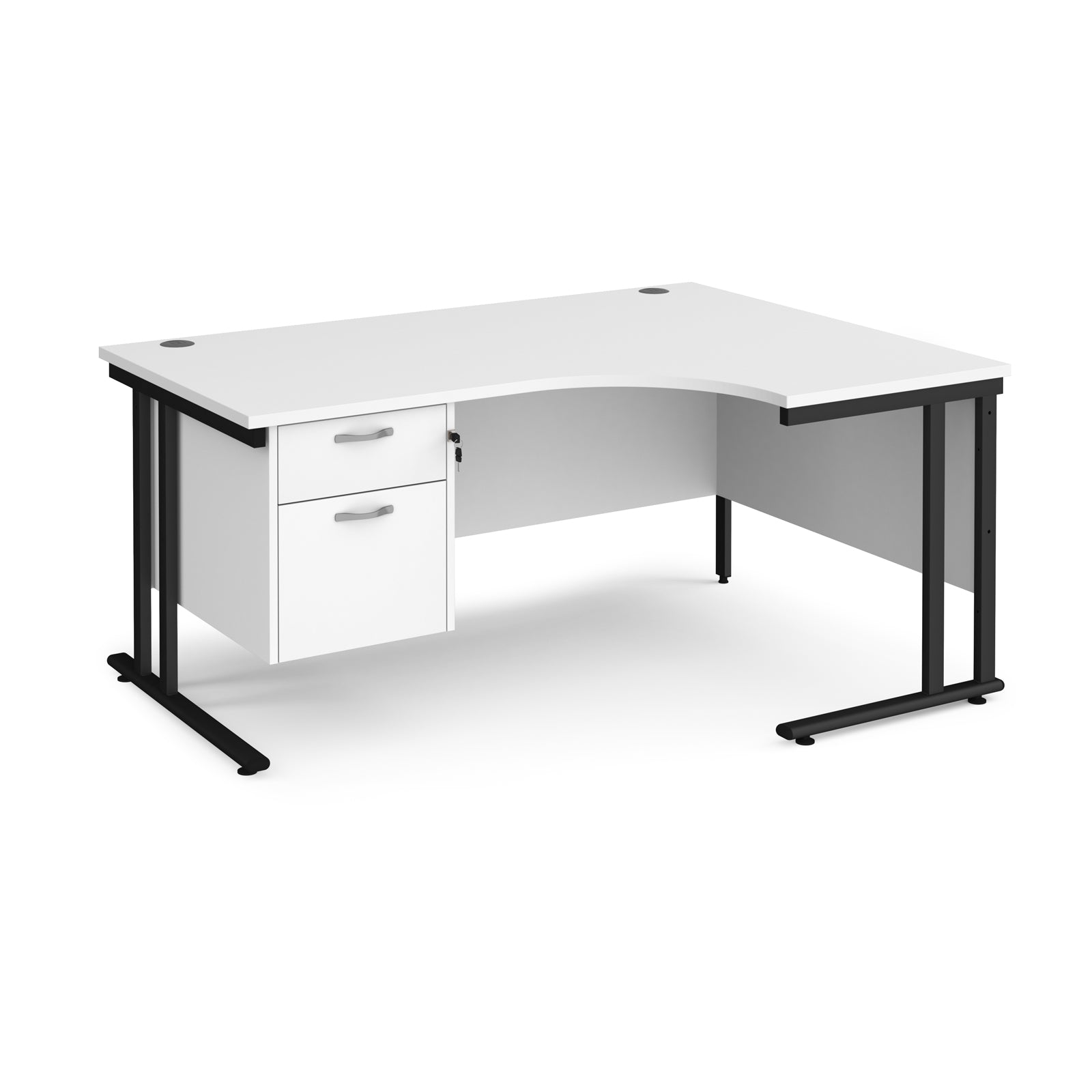 Ergonomic desk with white top and matching pedestal with black frame on a white background