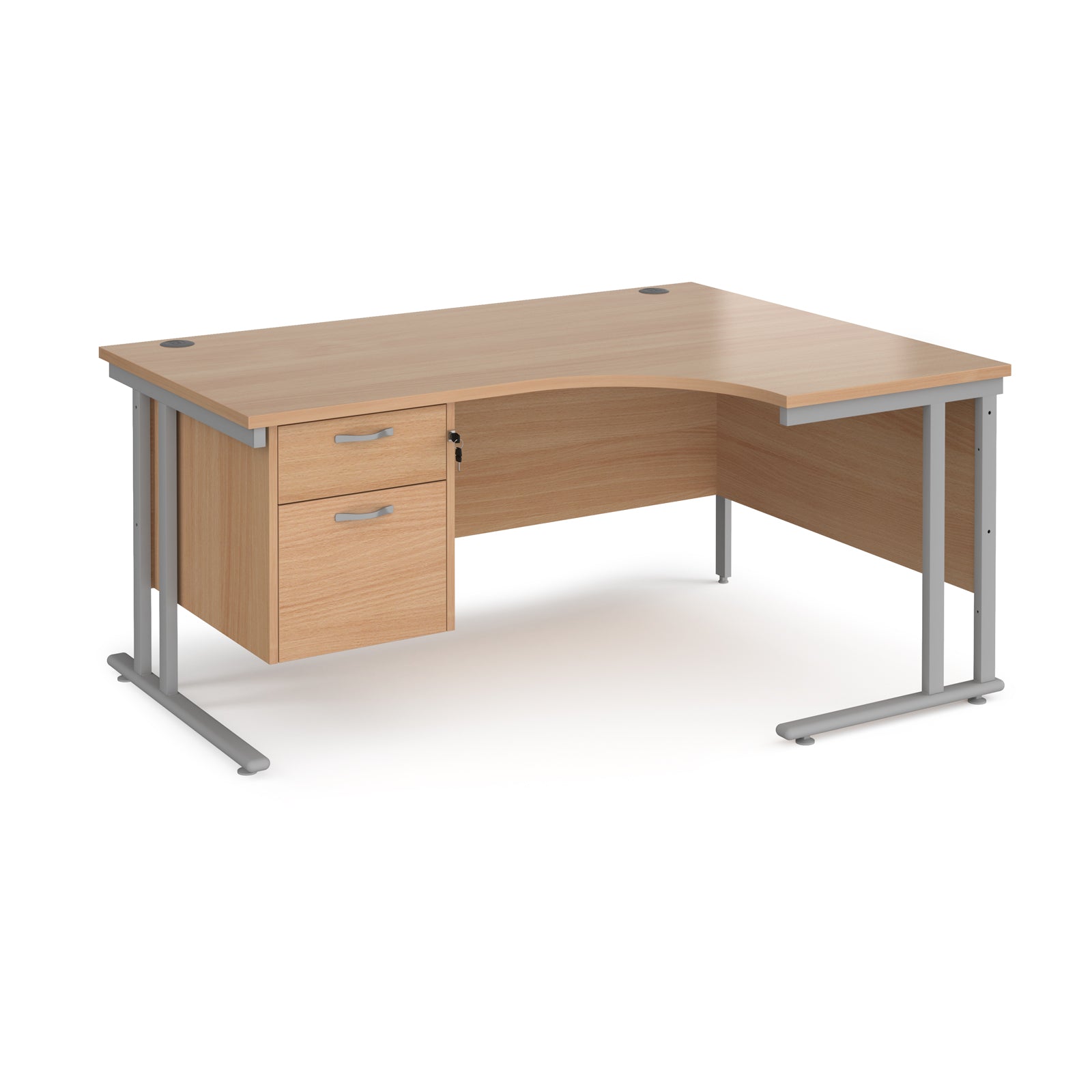 Ergonomic desk with wood-effect top and matching pedestal with silver frame on a white background