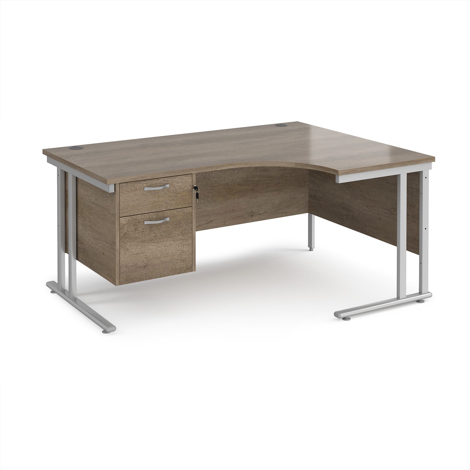Ergonomic desk with wood-effect top and matching pedestal with silver frame on a white background