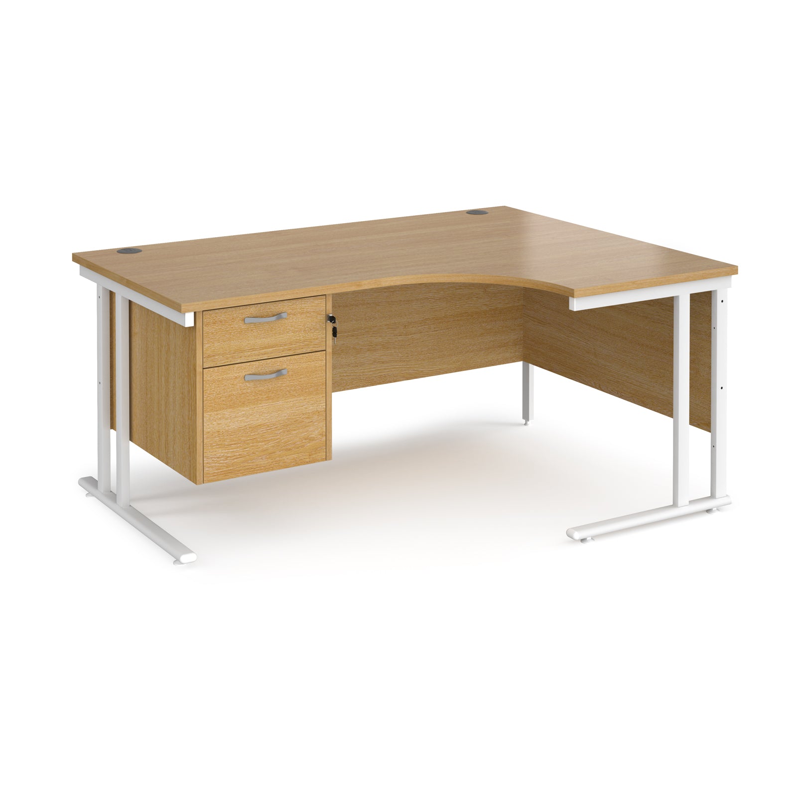 Ergonomic desk with wood-effect top and matching pedestal with white frame on a white background