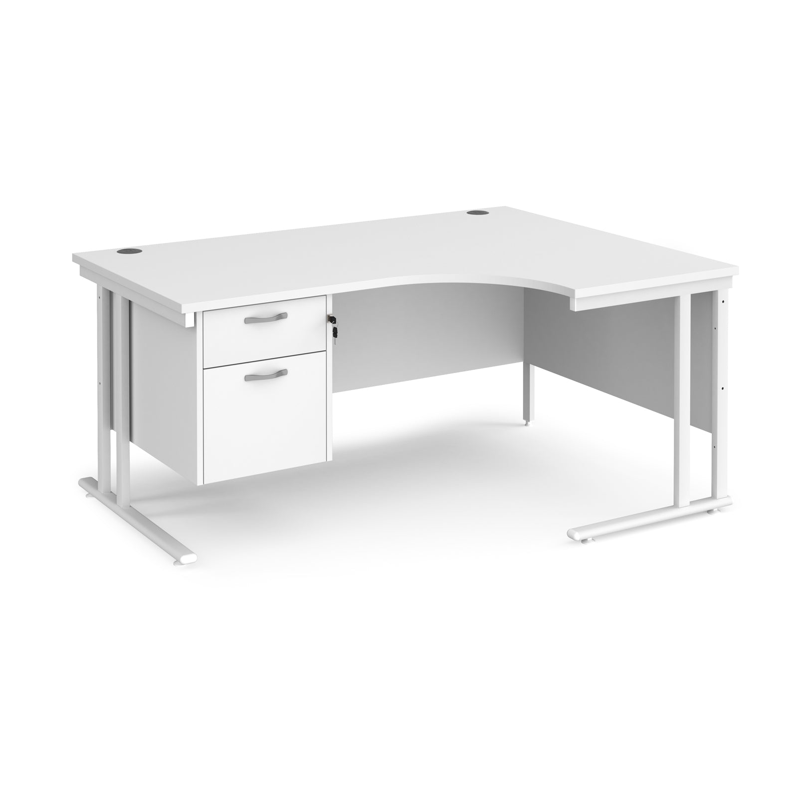 White ergonomic desk with pedestal and metal frame on a white background