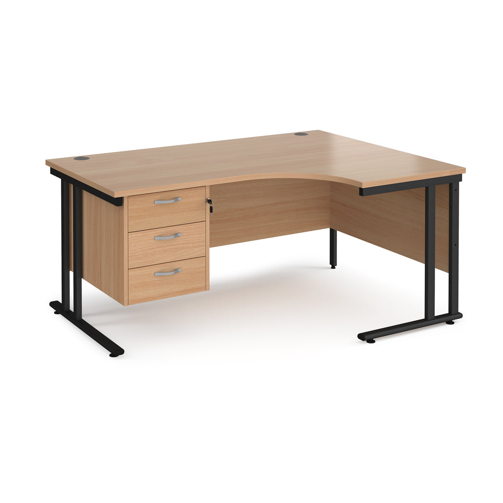 Ergonomic desk with wood-effect top and matching pedestal with black frame on a white background
