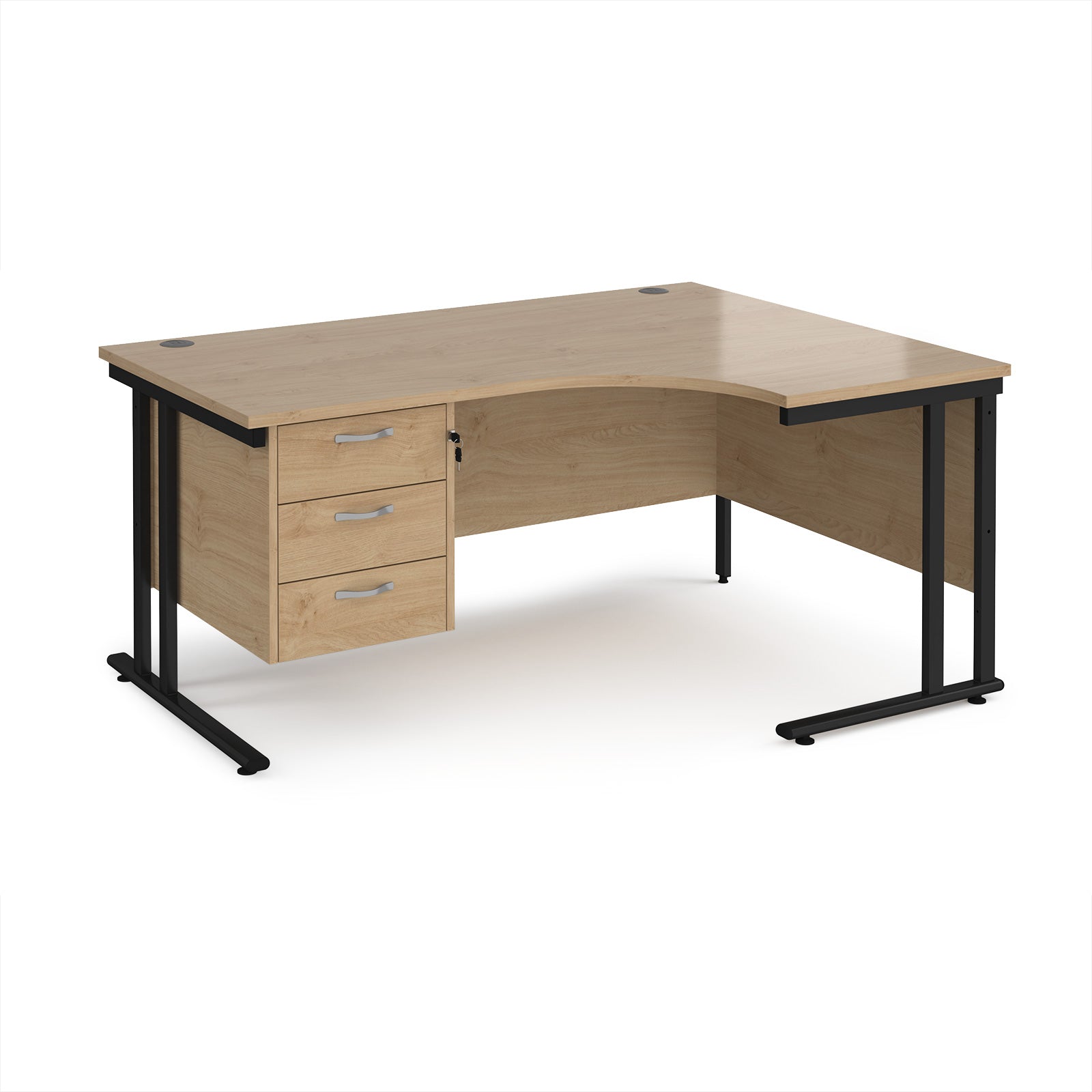 Ergonomic desk with wood-effect top and matching pedestal with black frame on a white background