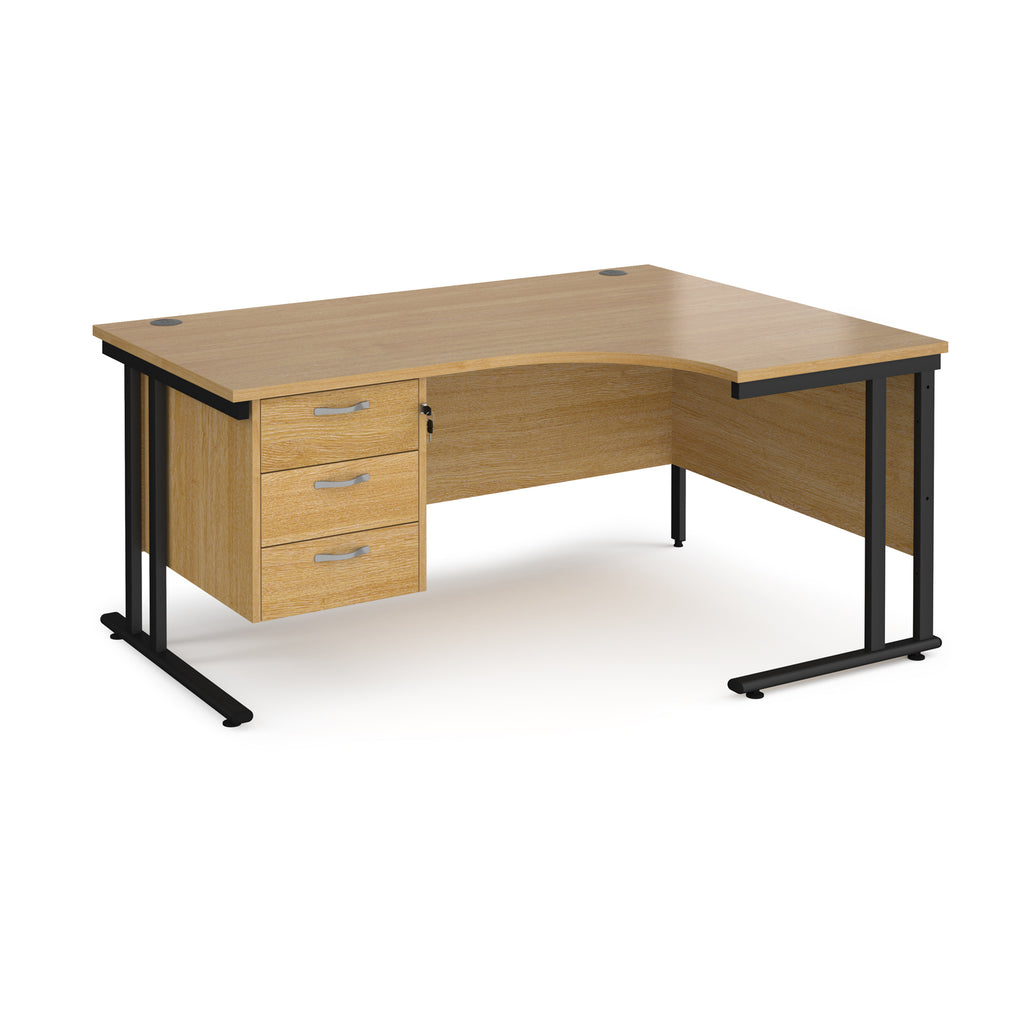Ergonomic desk with wood-effect top and matching pedestal with black frame on a white background