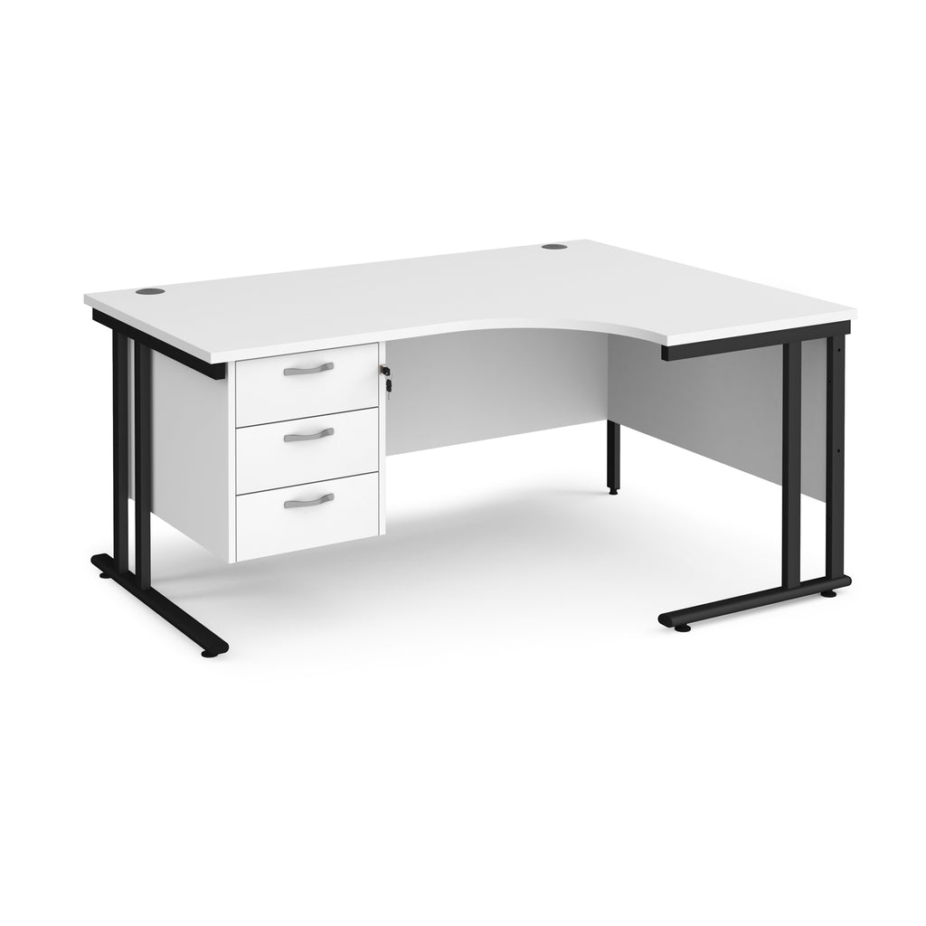 Ergonomic desk with white top and matching pedestal with black frame on a white background