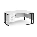 Ergonomic desk with white top and matching pedestal with black frame on a white background