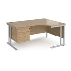 Ergonomic desk with wood-effect top and matching pedestal with silver frame on a white background