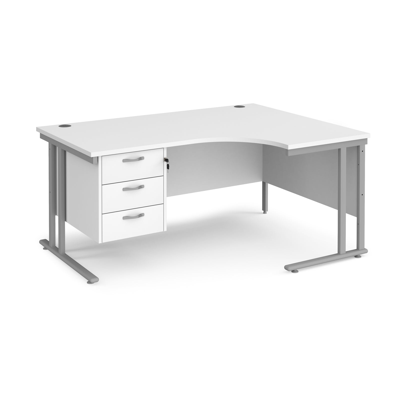 Ergonomic desk with white top and matching pedestal with silver frame on a white background