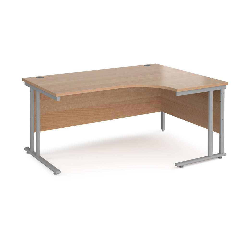 Corner office desk with wooden top and metal legs on a white background