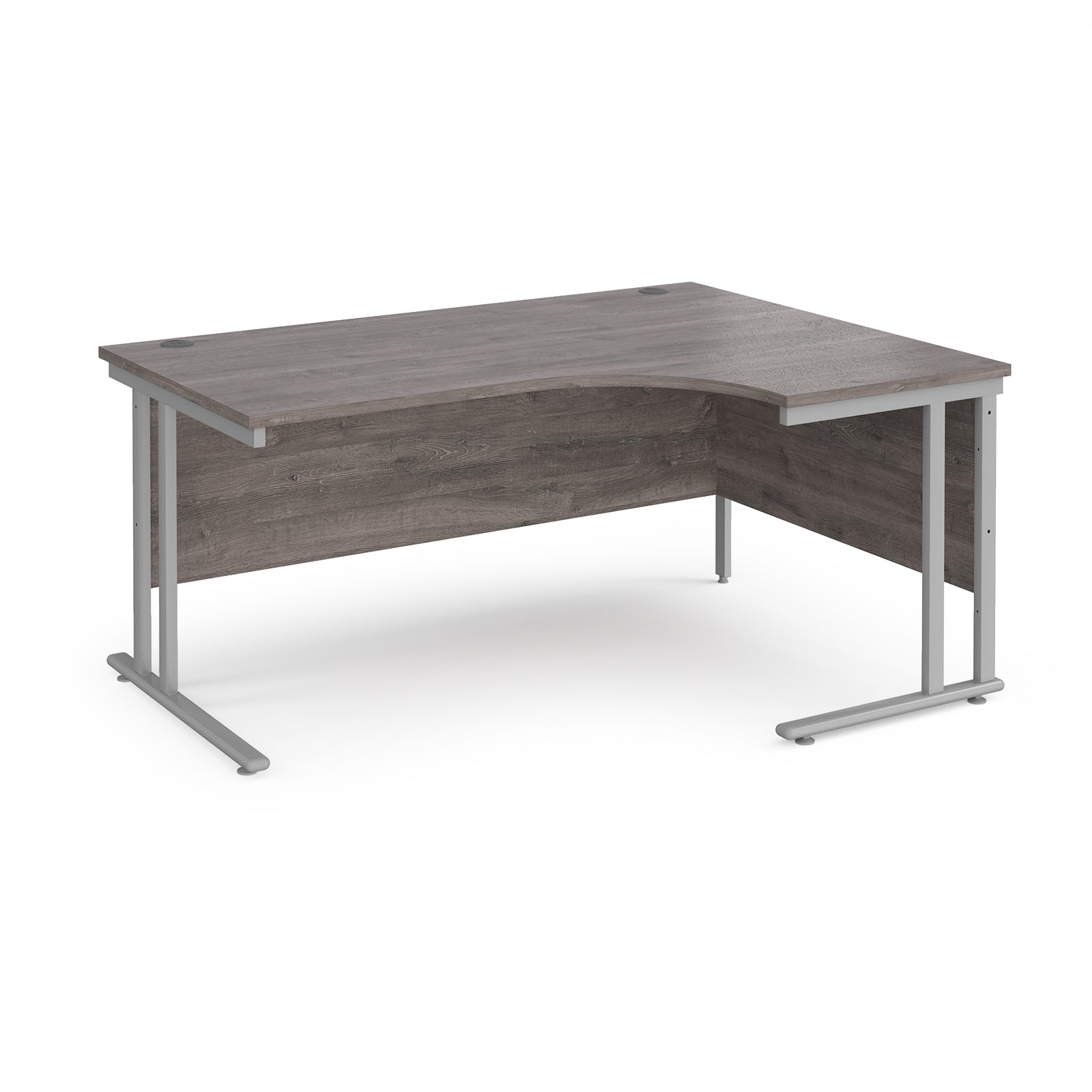 Corner office desk with wooden surface and metal legs on a white background