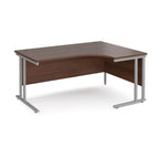 Corner office desk with wooden top and metal frame on a white background